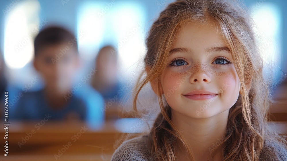 A young girl with brown hair and blue eyes is smiling at the camera A young girl with brown hair and blue eyes is smiling at the camera