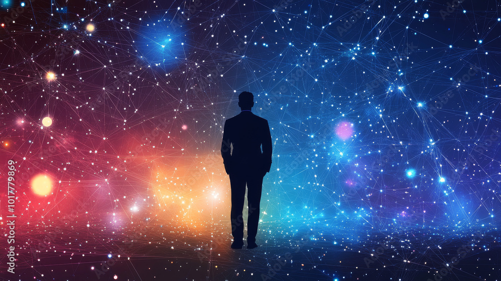 A businessman in a suit stands against a starry night sky. The sky is made up of colorful dots, lines, and shapes that look like planets and stars.low poly wireframe. A businessman in a suit stands against a starry night sky. The sky is made up of colorful dots, lines, and shapes that look like planets and stars.low poly wireframe.