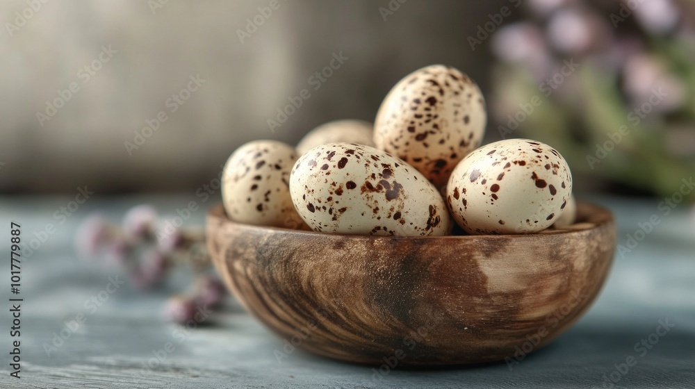 A wooden bowl filled with eggs with brown spots A wooden bowl filled with eggs with brown spots
