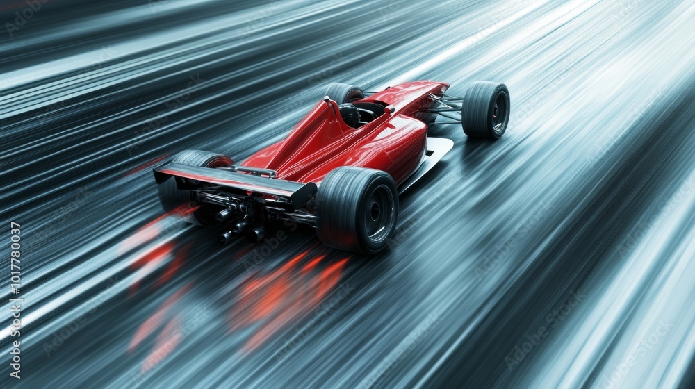 A red race car is speeding down a track A red race car is speeding down a track
