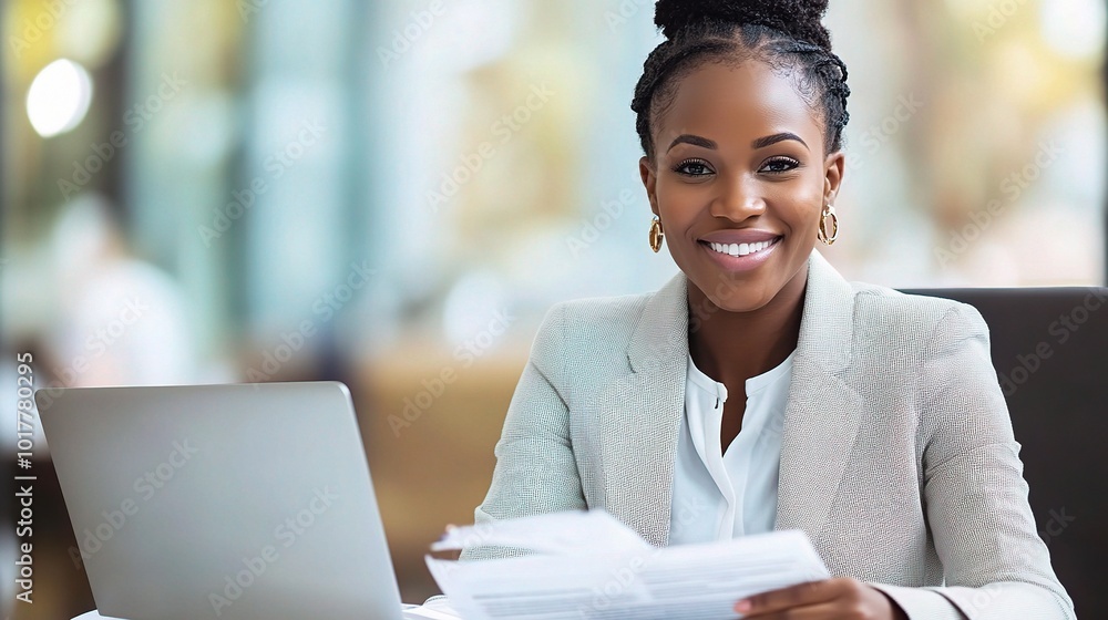 Smiling Woman at Desk with Laptop and Documents Smiling Woman at Desk with Laptop and Documents