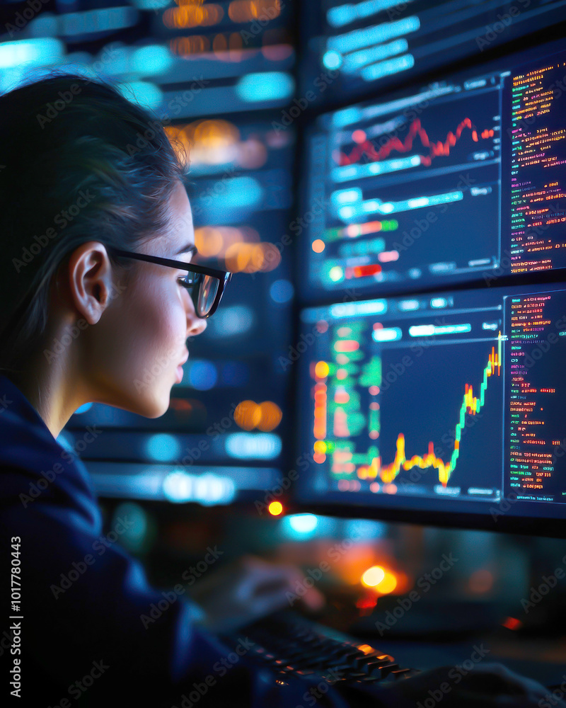 A focused woman analyzes data on multiple screens, showcasing the impact of technology on finance and decision-making. A focused woman analyzes data on multiple screens, showcasing the impact of technology on finance and decision-making.