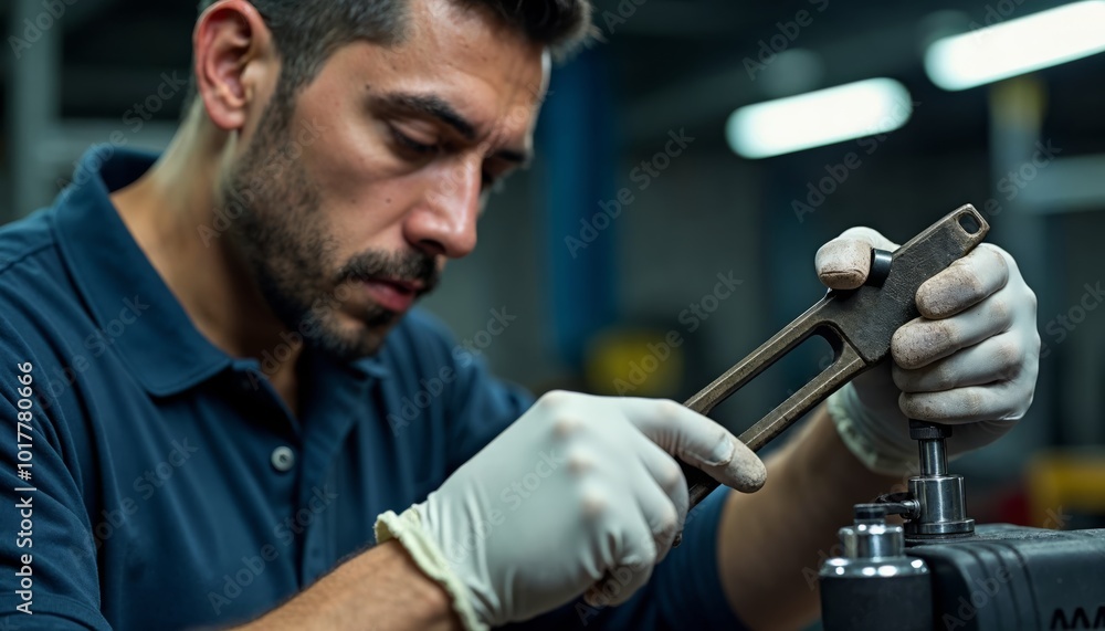 Precision and Focus: A skilled male worker, wearing protective gloves, meticulously assembles a metal component in a manufacturing facility. Precision and Focus: A skilled male worker, wearing protective gloves, meticulously assembles a metal component in a manufacturing facility.
