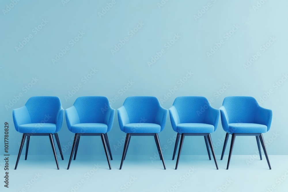 Obraz premium Elegant 3D Blue Chairs Aligned in Minimalist Space