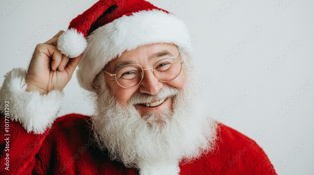A smiling man in a red Santa hat and glasses A smiling man in a red Santa hat and glasses