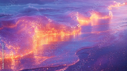 The ocean is lit up with a purple and orange glow