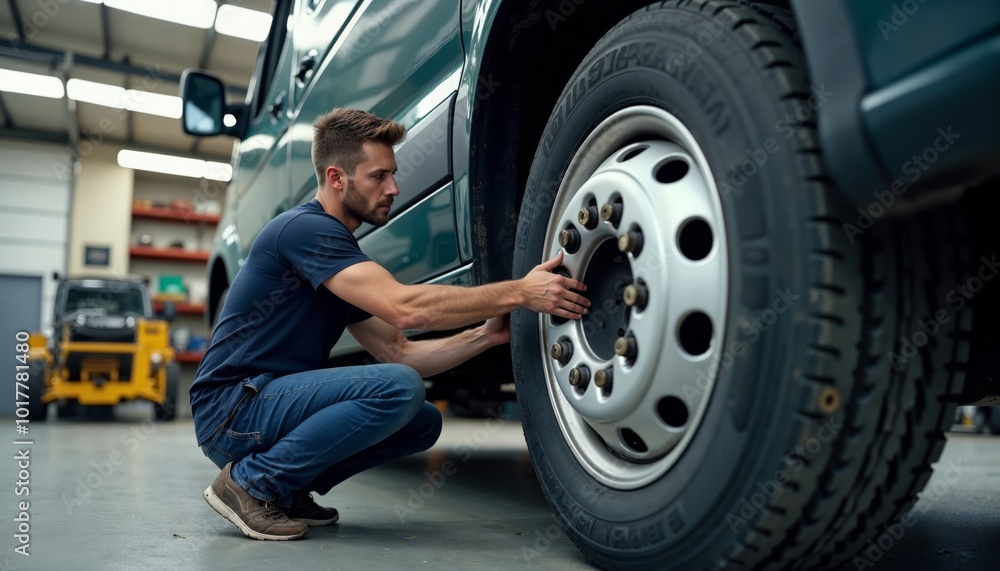 Mechanic Inspecting Van Tire Mechanic Inspecting Van Tire
