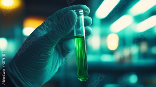 A person is holding a green liquid in a test tube