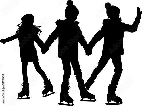 silhouettes of children skating on ice in winter