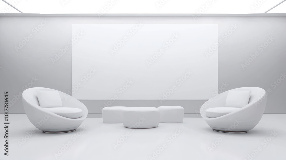 A minimalist lounge area featuring two round chairs and a central table against a blank wall. A minimalist lounge area featuring two round chairs and a central table against a blank wall.