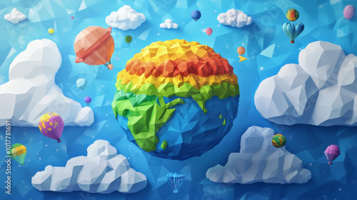 This colorful picture shows the different layers of air around our planet, explained in a fun way for kids!low poly wireframe. photo