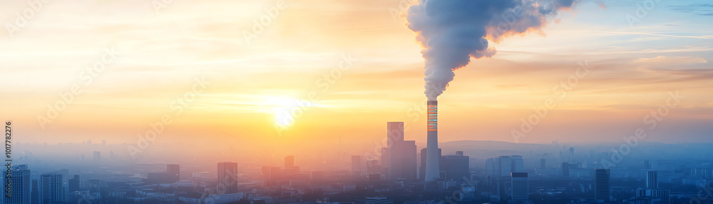 Industrial skyline at sunset with smokestacks releasing smoke into the atmosphere, highlighting environmental impact. Industrial skyline at sunset with smokestacks releasing smoke into the atmosphere, highlighting environmental impact.