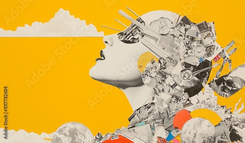 Surreal portrait with vibrant collage elements and yellow backdrop photo