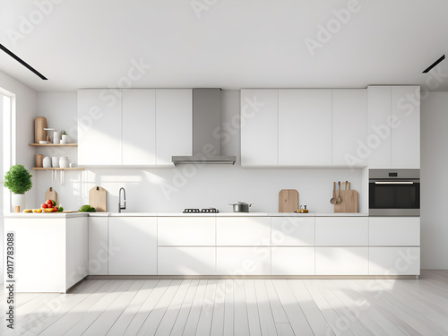 White wall foreground with kitchen room interior with Bright white minimal modern room interior.3D illustration