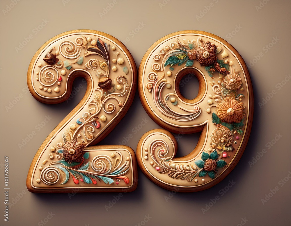Decorated cookie, number 29, illustration for birthday or anniversary celebration Decorated cookie, number 29, illustration for birthday or anniversary celebration