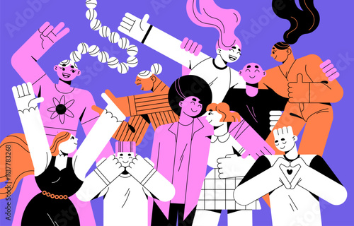Happy people rejoice. Group of friends has fun, supports, laughing at disco. Young men and women dancing, celebrates holiday at the party together. Concept of friendship. Flat vector illustration