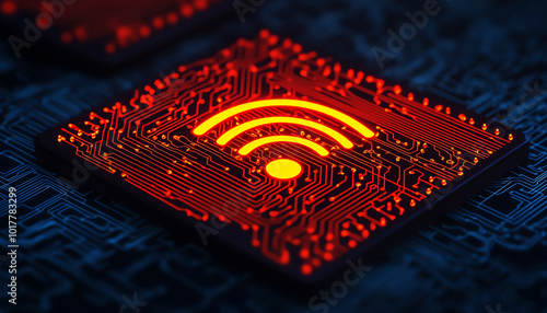 Wireless internet symbol on a microchip background, showcasing digital connectivity.