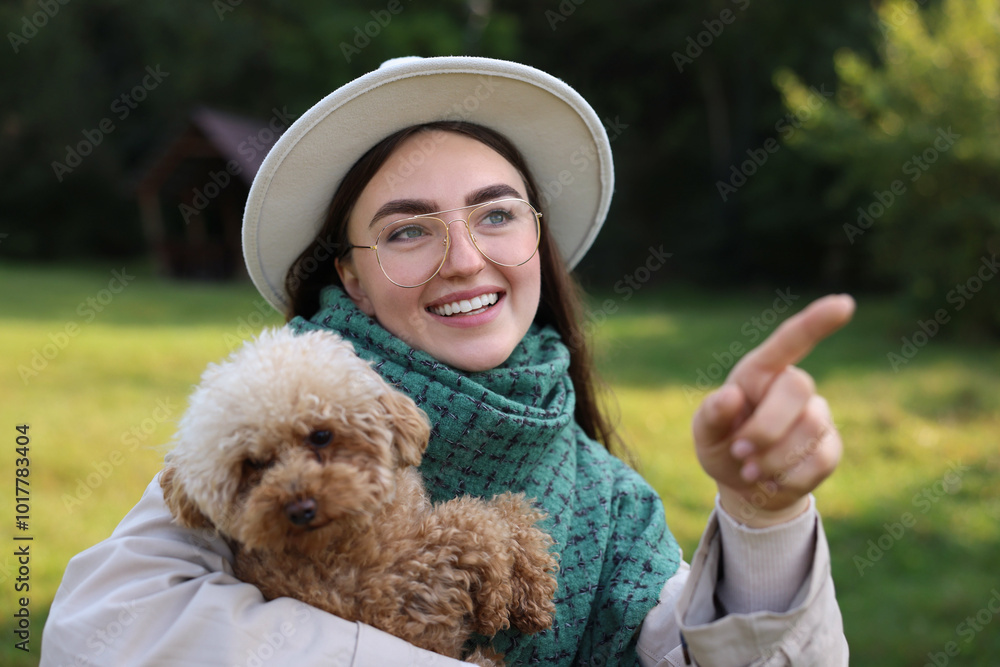 Smiling woman pointing at something to cute dog in autumn park Smiling woman pointing at something to cute dog in autumn park