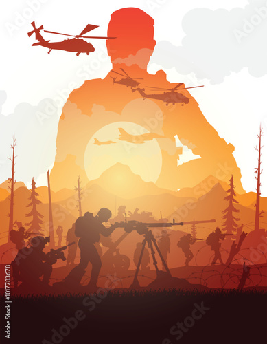 Soldiers vector, military vector illustration, Army background, soldiers silhouettes.