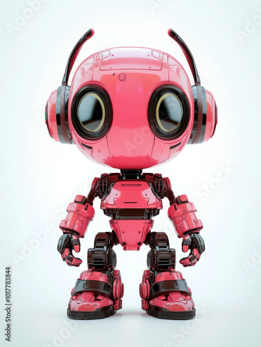 playful pink robot character with headphones and big eyes