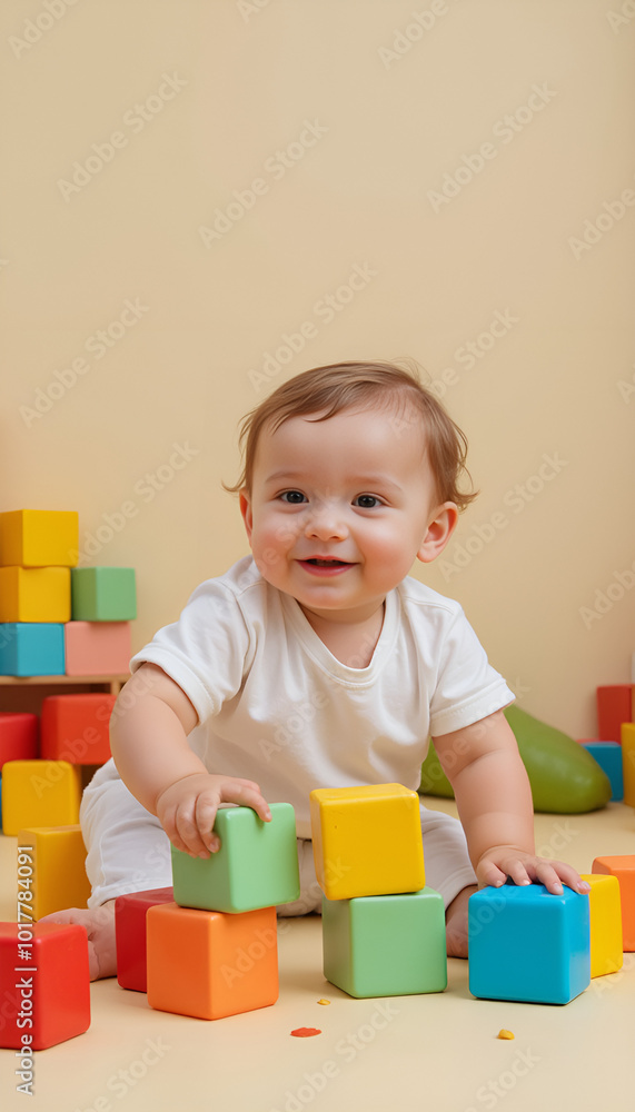 Delighted baby playing with colorful building blocks on a playful floor Delighted baby playing with colorful building blocks on a playful floor