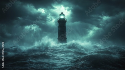 A lighthouse is in the middle of a stormy sea