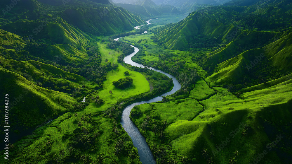 Serene Mountain Landscape with Forested Hills and a Winding River Serene Mountain Landscape with Forested Hills and a Winding River