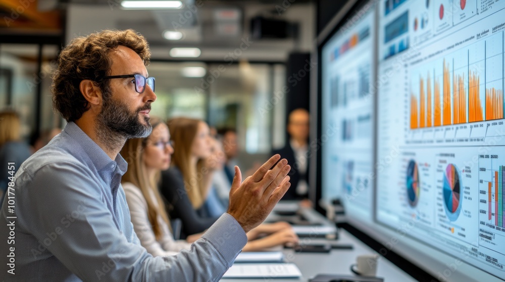 A man is looking at a large screen with many graphs and numbers A man is looking at a large screen with many graphs and numbers