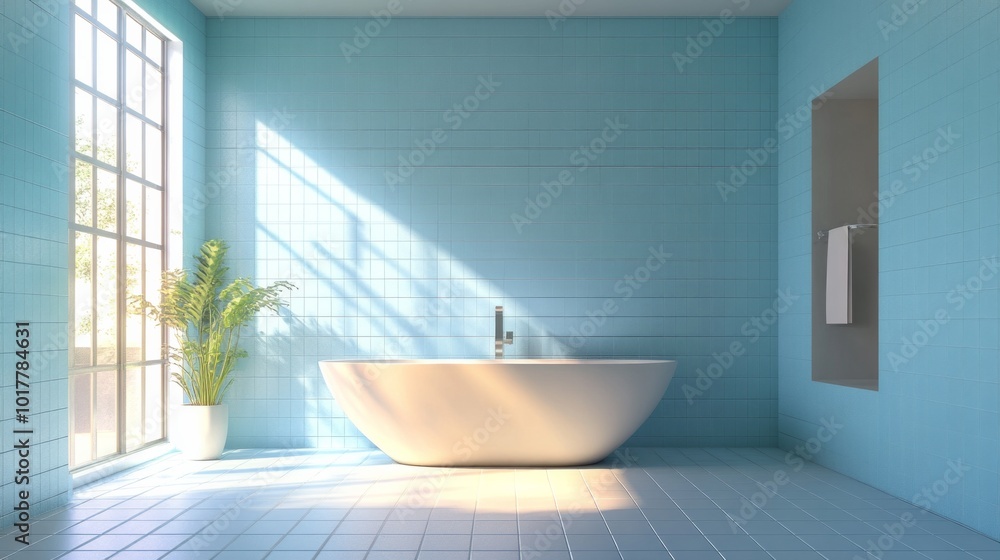 A bathroom with a white bathtub and a potted plant A bathroom with a white bathtub and a potted plant