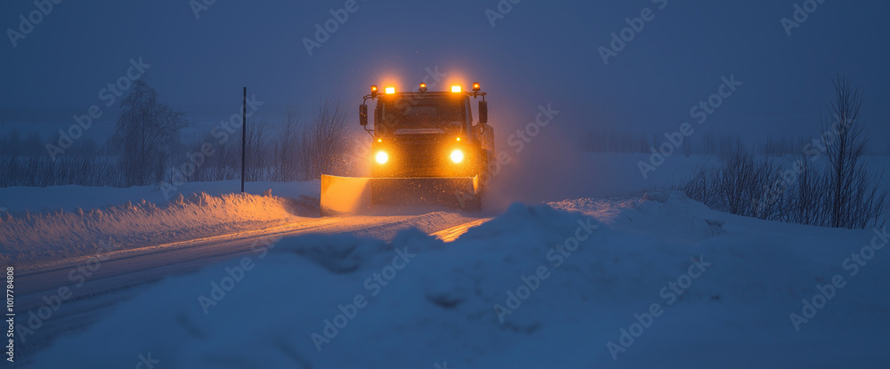 Snowplow clear snow covered city streets during heavy snowfall. Emergency response, emergency winter services, winter night road safety. For winter safety campaigns and travel advisories Snowplow clear snow covered city streets during heavy snowfall. Emergency response, emergency winter services, winter night road safety. For winter safety campaigns and travel advisories