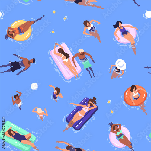 Repeatable pattern of people floating with inflatable circles, mattresses in swimming pool. Endless background with tourists have fun in water park, sea in summer. Flat seamless vector illustration