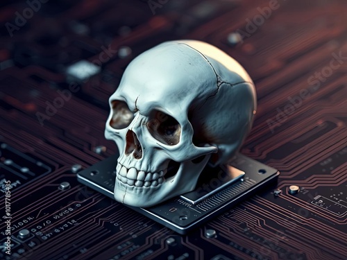 A skull placed on a computer circuit board, symbolizing the convergence of technology and mortality in a dark, futuristic setting. photo