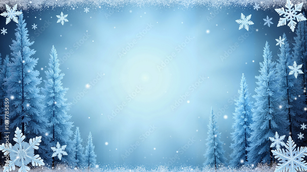 Winter Forest Scene with Snowflakes and Blue Sky Winter Forest Scene with Snowflakes and Blue Sky