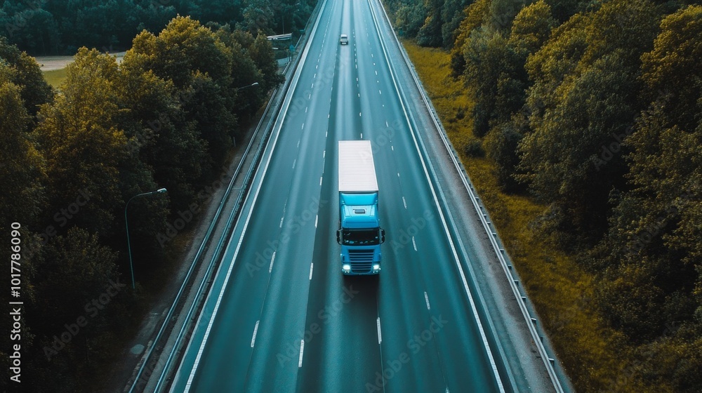 A blue semi truck is driving down a highway A blue semi truck is driving down a highway
