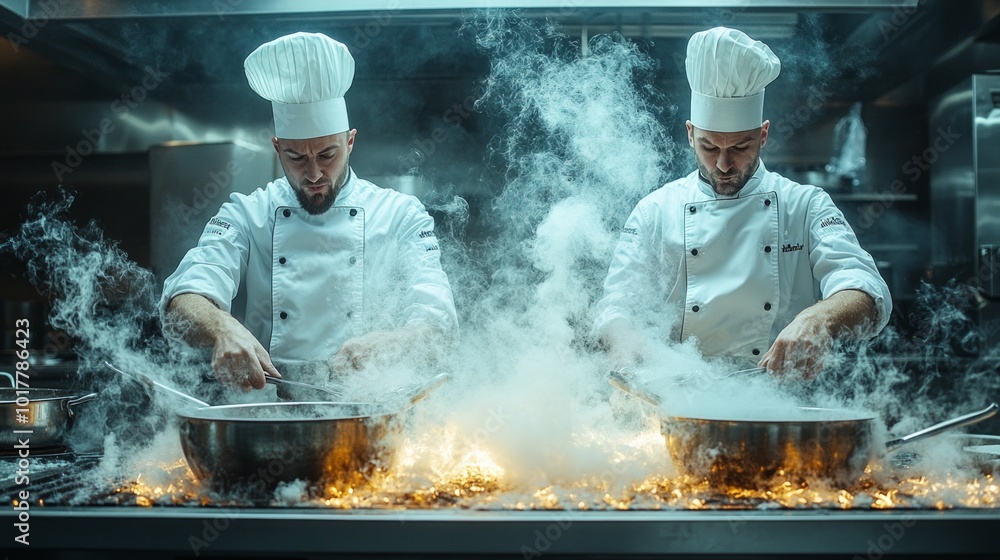 Two chefs are cooking in a kitchen with a lot of smoke Two chefs are cooking in a kitchen with a lot of smoke