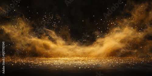 Golden dust and sand on the black background, scattered gold dust, sand effect with glitters and sequins. Wallpaper and banner. photo