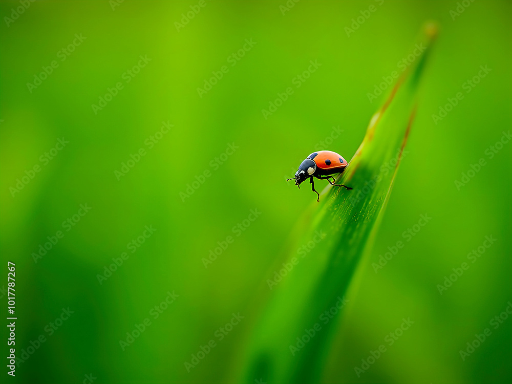 Macro shot of ladybug on grass blade embodies minimalism in nature Macro shot of ladybug on grass blade embodies minimalism in nature