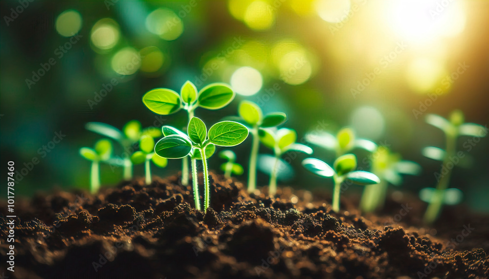 Plant seedlings or small trees that grow on fertile soil and soft sun light, including blurred green backgrounds, the concept of plant growth and ecosystems Plant seedlings or small trees that grow on fertile soil and soft sun light, including blurred green backgrounds, the concept of plant growth and ecosystems