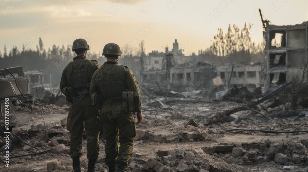 Soldiers survey a war-torn city at dawn, amidst ruins, conveying history and resilience. Soldiers survey a war-torn city at dawn, amidst ruins, conveying history and resilience.