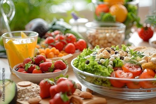 A wooden table features an array of fresh fruits, colorful vegetables, nuts, and nutritious meals, promoting a healthy lifestyle. Generative AI