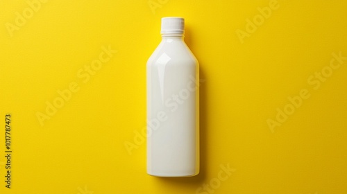 A bottle of milk is sitting on a yellow background