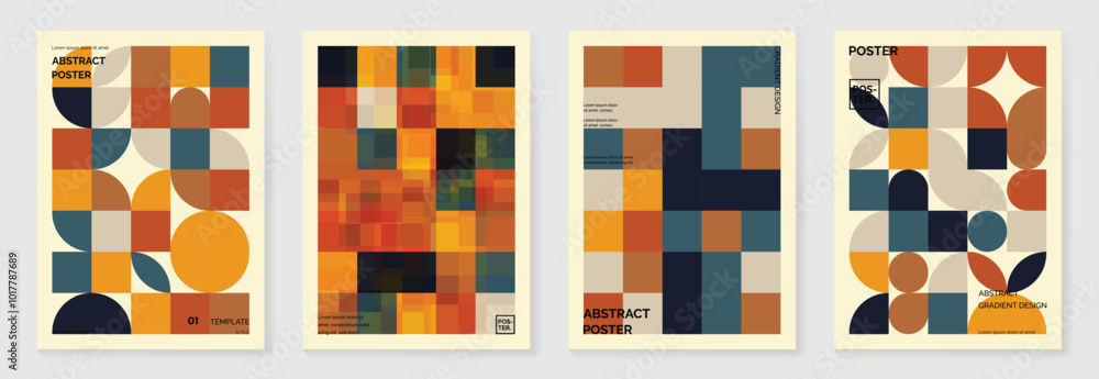 Collection of 70s color gradient poster background vector. Set of retro wall decoration, groovy, trippy, geometric shape. Vintage hippie wall art for interior, decorative, banner, cover, card.