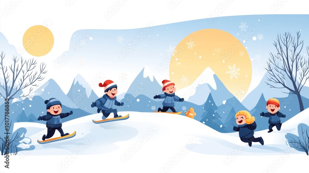 Winter fun at children's camp with snowy mountains and sunny skies Winter fun at children's camp with snowy mountains and sunny skies