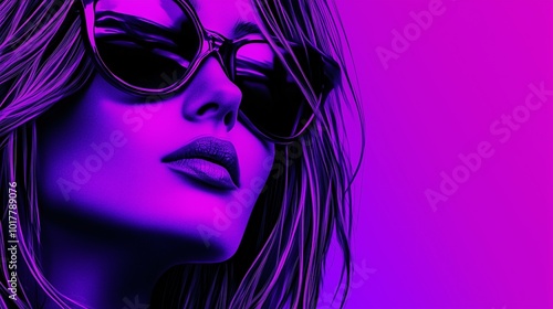 Vibrant pop art style portrait of a woman wearing sunglasses, with bold purple tones