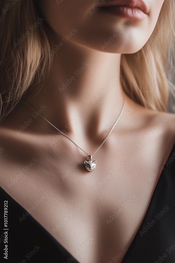 Close-up of a woman wearing a silver fox cat pendant necklace, showcasing delicate jewelry details Close-up of a woman wearing a silver fox cat pendant necklace, showcasing delicate jewelry details