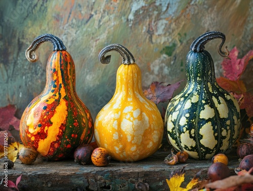 Spirit with decorated autumn gourds on rustic surface photo