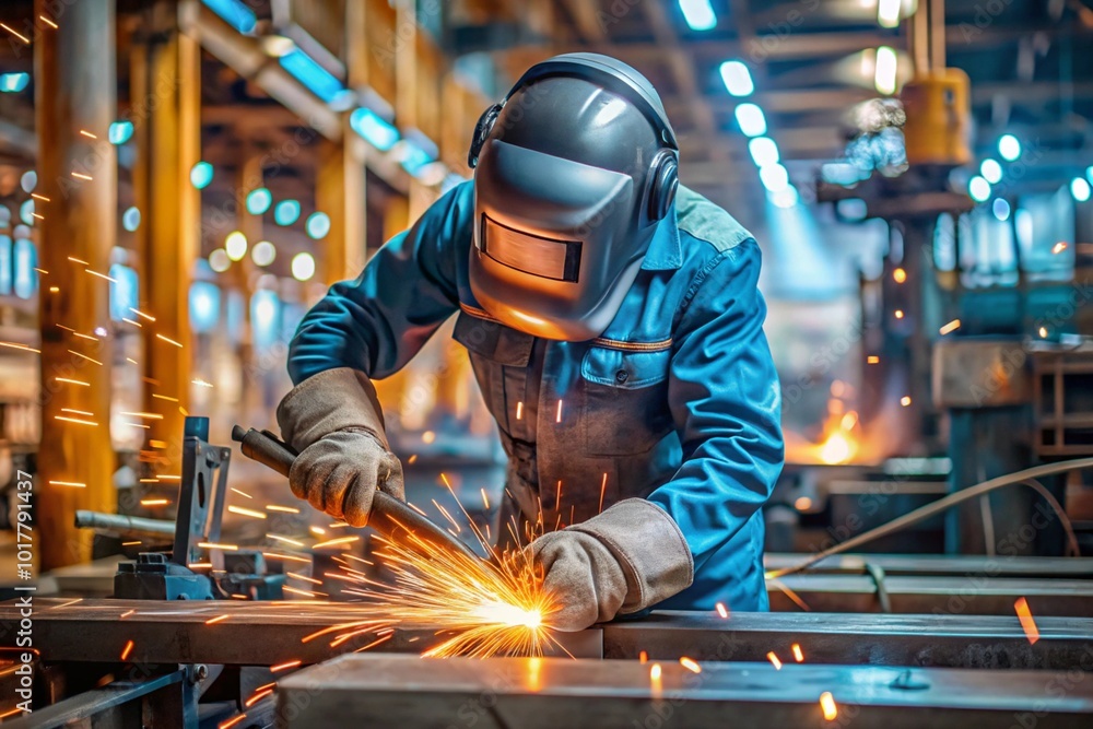 Industry and hard work. A welder in protective gear works with a welding machine for welding steel at the factory. Industry and hard work. A welder in protective gear works with a welding machine for welding steel at the factory.