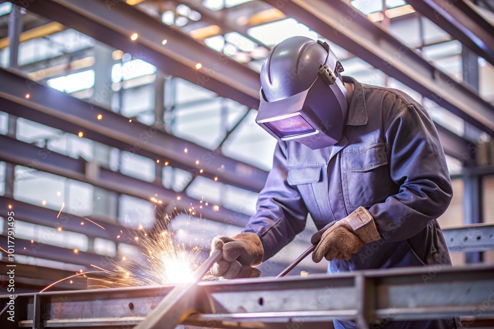 Industry and hard work. A welder in protective gear works with a welding machine for welding steel at the factory. Industry and hard work. A welder in protective gear works with a welding machine for welding steel at the factory.