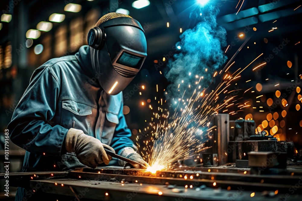 Industry and hard work. A welder in protective gear works with a welding machine for welding steel at the factory. Industry and hard work. A welder in protective gear works with a welding machine for welding steel at the factory.