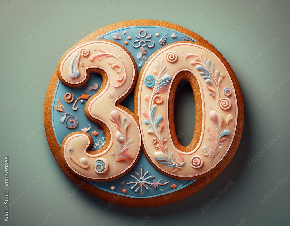 Decorated cookie, number 30, illustration for birthday or anniversary celebration Decorated cookie, number 30, illustration for birthday or anniversary celebration